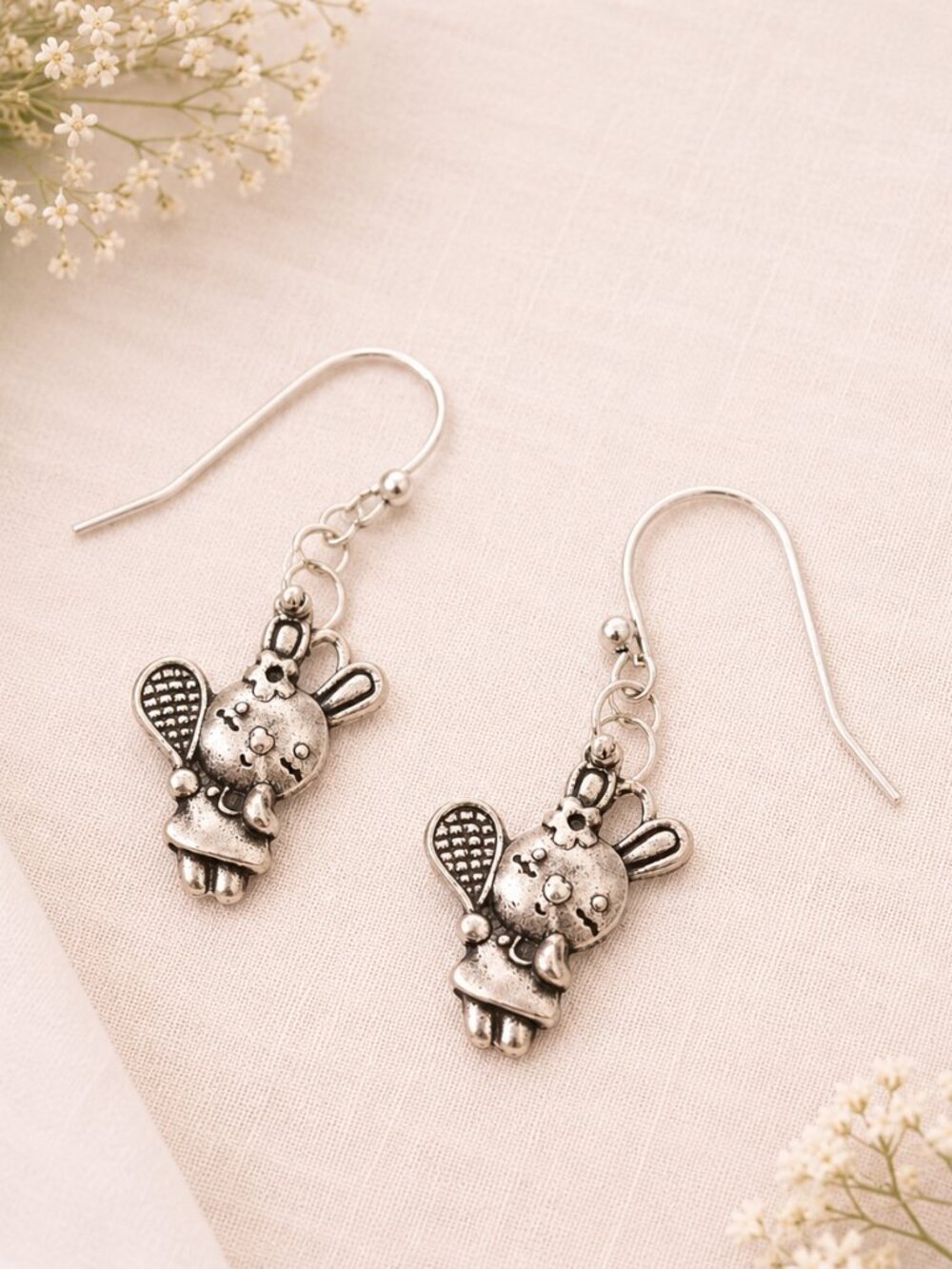 Antiqued Silver Tennis Bunny Dangle Earrings Novelty Sport